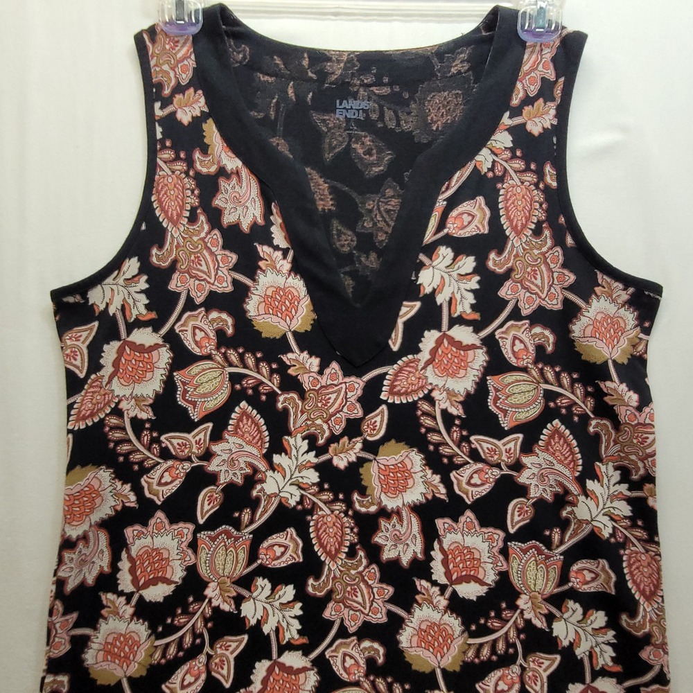 Lands End Womens Black Floral Paisley Cotton Sleeveless Shift Dress Pockets L - Picture 2 of 13